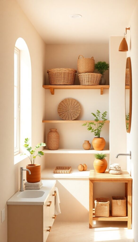 A cozy bathroom with earthy tones and natural textures, including beige walls, wooden shelves with woven baskets, terracotta pots, and stone accessories in bright natural light