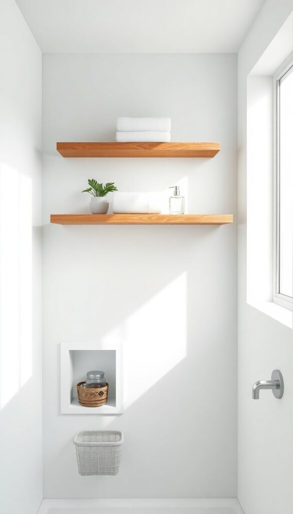 A bright, clean bathroom with floating teak shelves and a shower niche for organized storage, featuring towels, a plant, and toiletries in baskets.