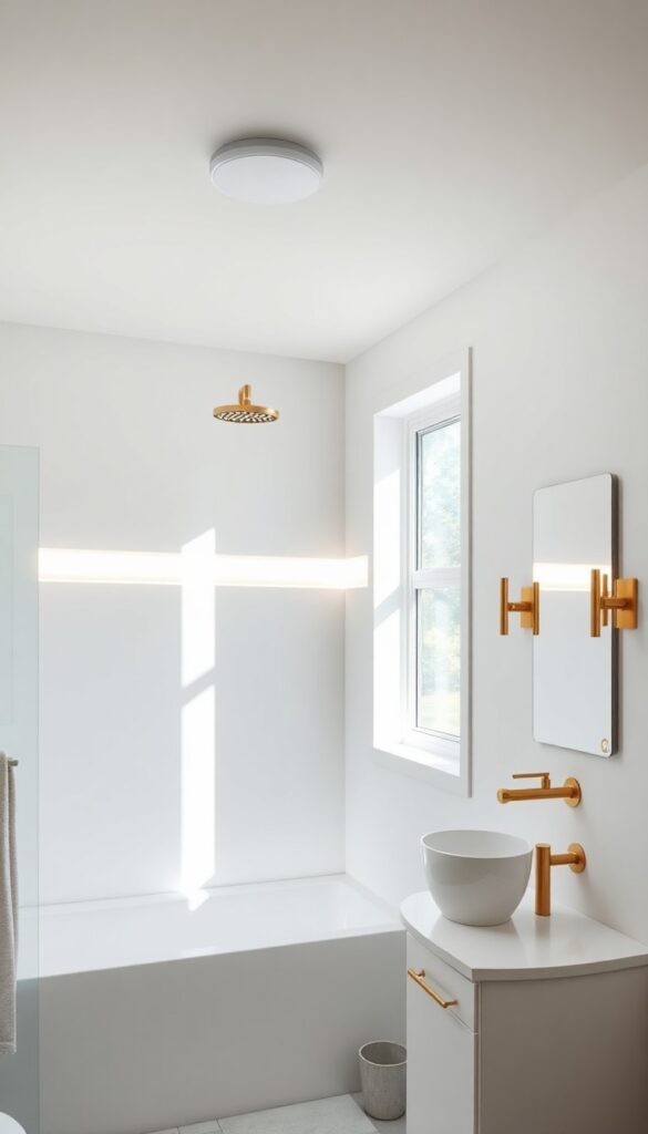A bathroom with layered lighting including ceiling light, LED strips in shower niche, and wall sconces by mirror, in bright natural light.