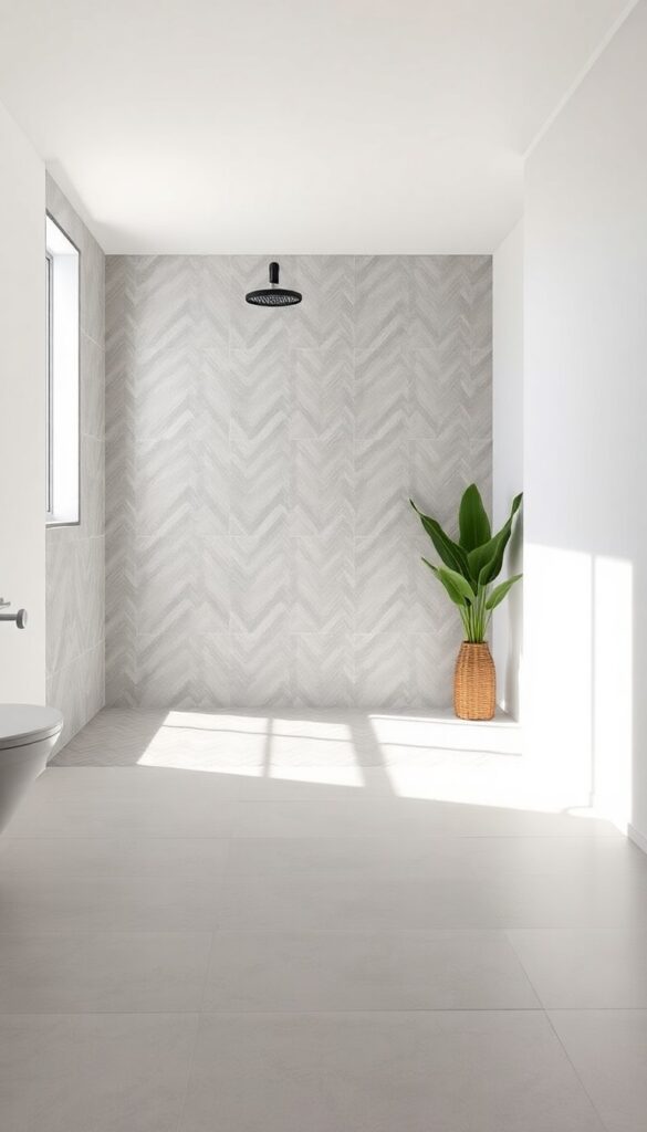 Bathroom with herringbone tile pattern in shower and large-format floor tiles creating visual zones in soft gray and neutral colors under natural light.