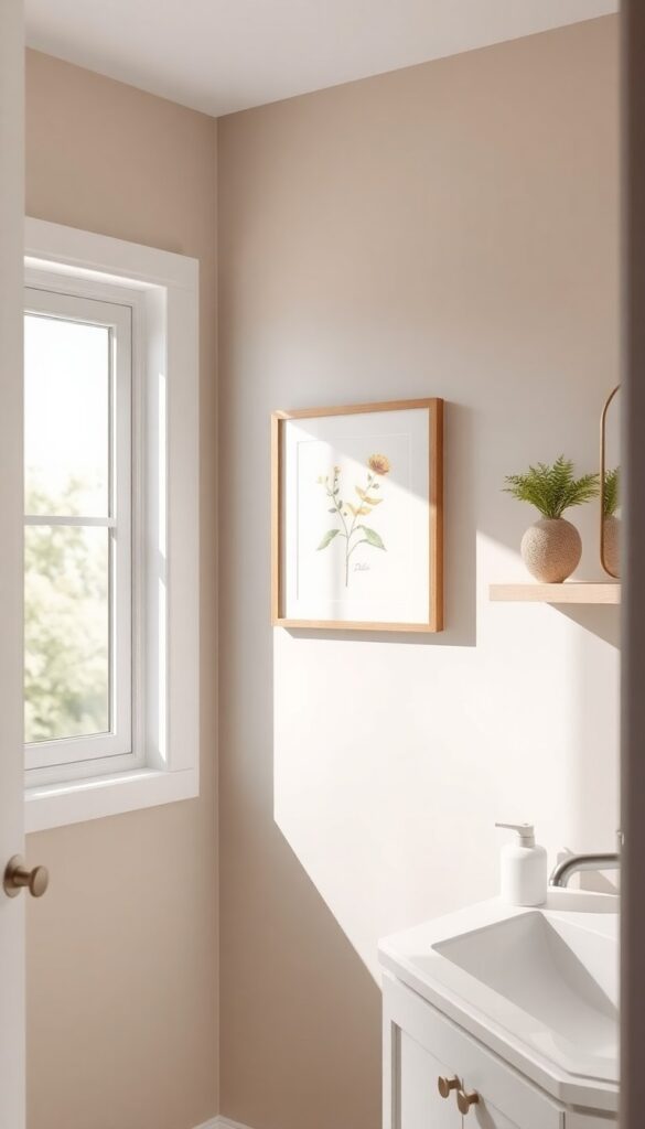 A bathroom with art and decorative accents: a framed botanical print and small sculpture on a shelf, adding personality in bright natural light.