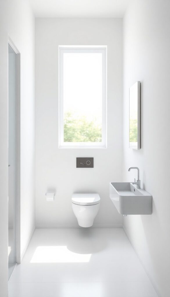 A bright, spacious bathroom with wall-mounted toilet and corner sink to optimize layout in small spaces.