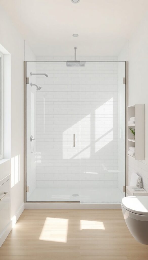 A modern bathroom with a frameless glass shower enclosure, showcasing clean tiles, natural light, and minimalist decor to create an open and inviting atmosphere.