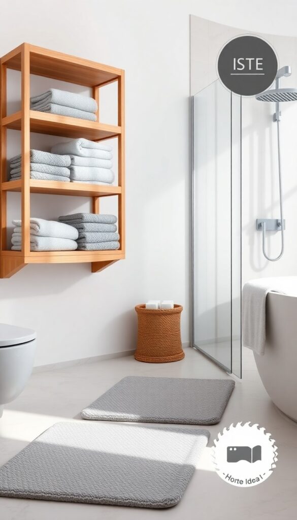 A bathroom with plush towels in soft gray and white folded on shelves and a textured bath mat near the shower for enhanced comfort.