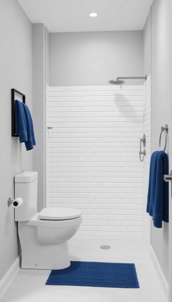 A toilet and shower room with a consistent color palette of soft gray, white, and navy, showcasing cohesive design with brushed nickel fixtures and matte black accents in bright natural light.