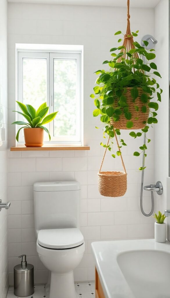 A bright toilet and shower room with snake plants and pothos on shelves and in hanging pots, adding greenery for a fresh, lively feel.