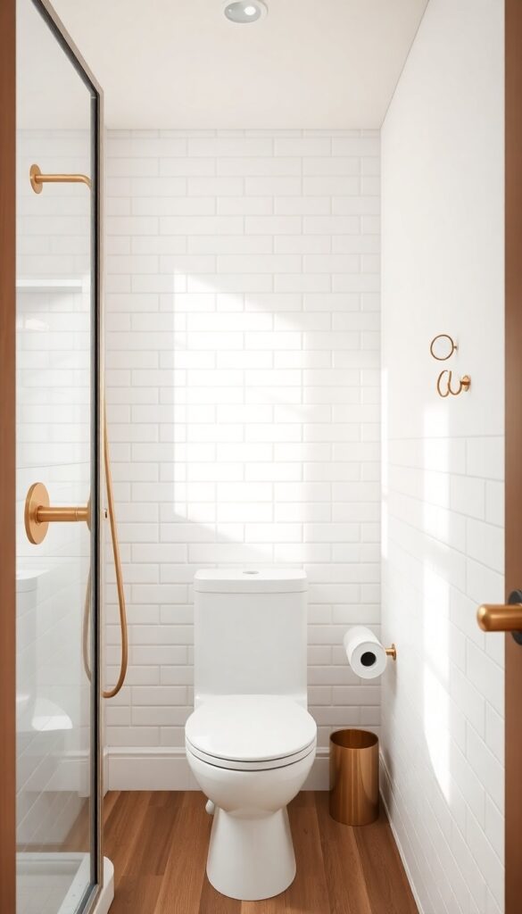 Close-up of matching brushed brass faucet, towel bar, and hooks in a modern bathroom with warm wood tones and white tiles, highlighting cohesive hardware details for a planned look.