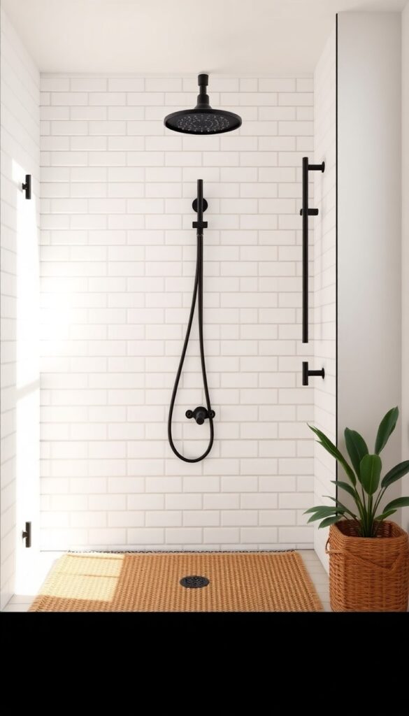 A modern farmhouse shower with a black matte showerhead against light tiles and neutral walls, showcasing sleek contrast and warm clean lines in a bright, cozy bathroom setting.