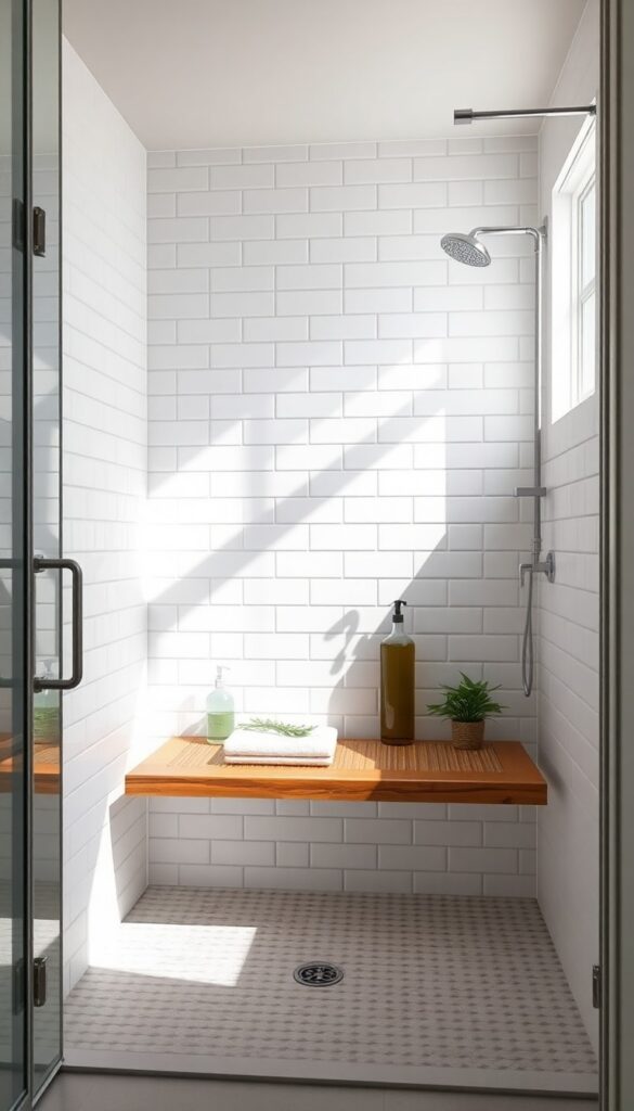 A modern farmhouse shower with a wooden bench, showcasing warm textures and clean design in natural light.