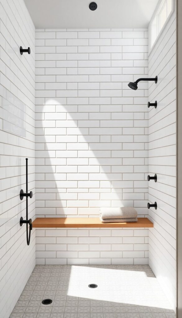 A modern farmhouse shower with white subway tiles and dark grout lines, showcasing clean geometric patterns under bright natural light.