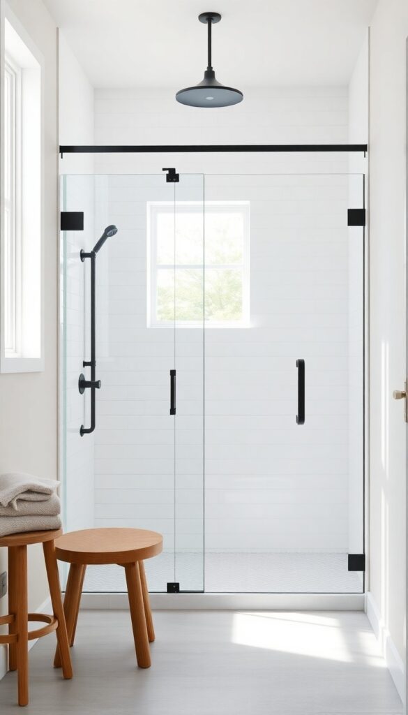 A modern farmhouse bathroom with a frameless glass shower door, matte black hardware, white tile walls, natural light, wooden stool, and neutral towels for an airy and elegant look.