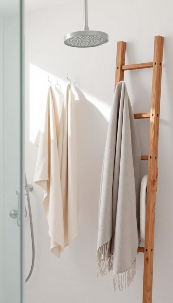 Neutral towels in creams and grays draped on hooks and a rack in a modern farmhouse shower, showcasing soft layering for a cozy yet clean look.