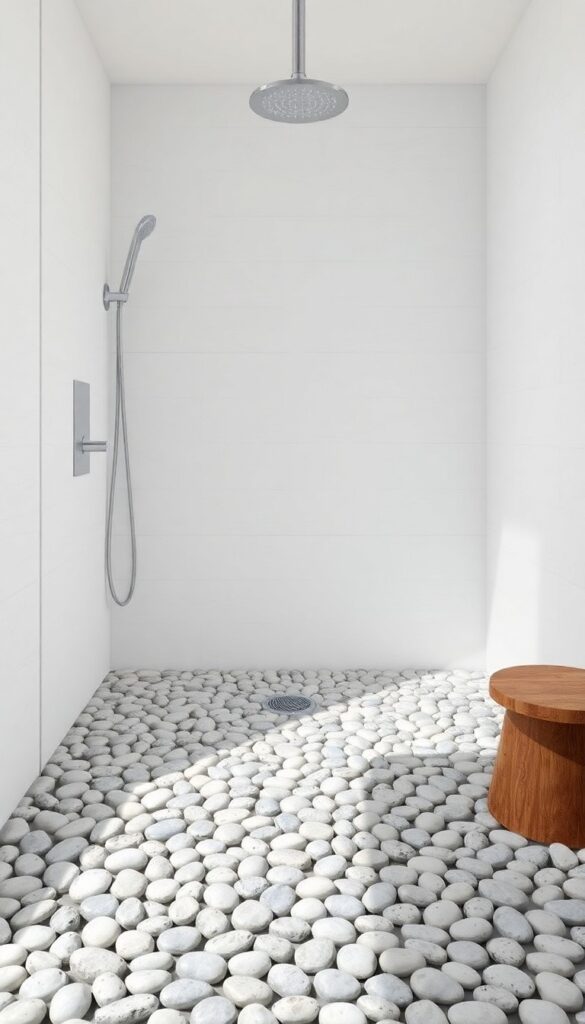 A photorealistic image of a standing shower bathroom with pebble flooring in neutral gray and beige tones, featuring clean-lined fixtures and simple wall tiles to create a serene, spa-like aesthetic.