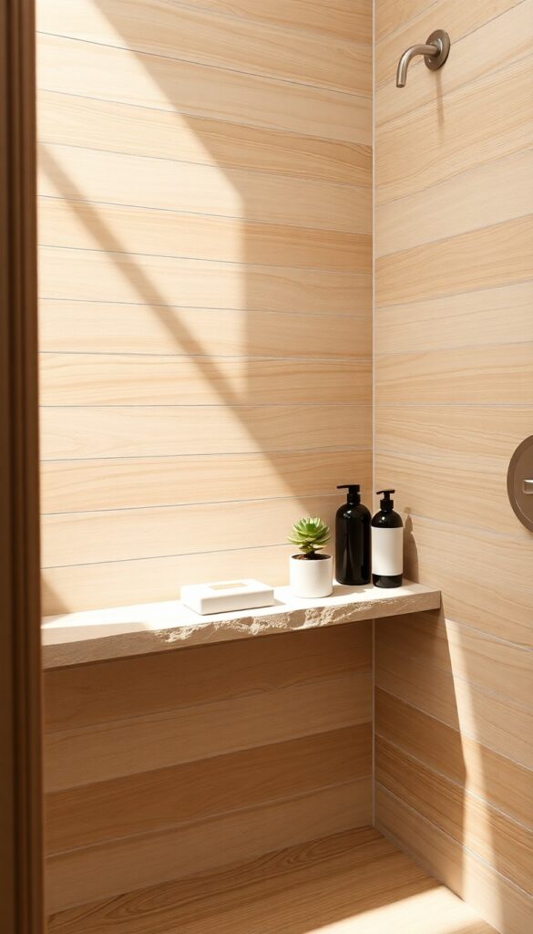 A stone tray in a modern farmhouse shower with organic accents, including natural soap and a succulent, arranged neatly on a niche with warm wood and metal finishes.