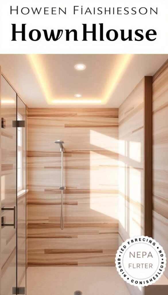 A modern farmhouse shower with recessed ceiling lighting creating a soft ambiance, showcasing clean lines and warm tones in a bright, natural setting.