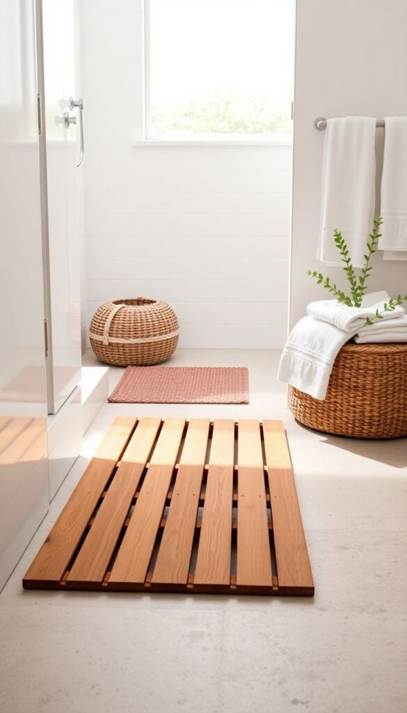 A slatted wooden mat for natural drainage in a modern farmhouse bathroom with neutral tiles and woven accessories.
