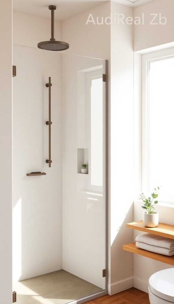A modern farmhouse bathroom shower with clean lines and warm tones, showcasing a small potted plant or eucalyptus bundle on a wooden shelf to add greenery and a fresh touch to the space.