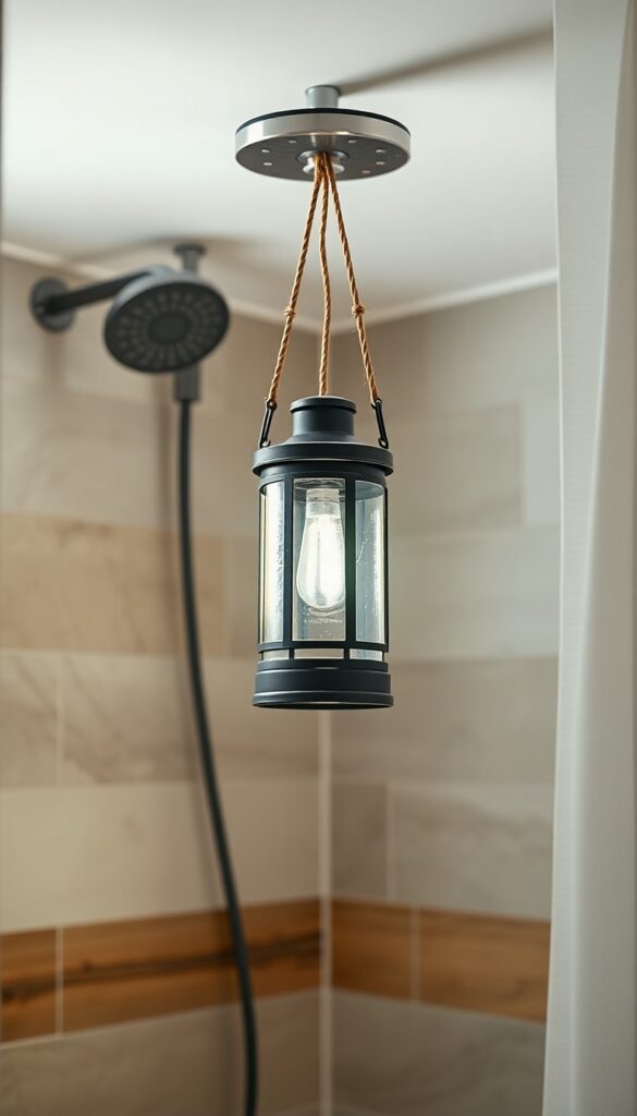 Hanging lantern light fixture in a shower area for DIY camping-inspired decor