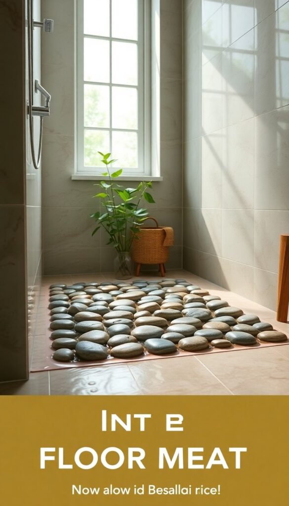 A pebble floor mat in a shower with natural texture and earthy tones, enhancing the outdoor vibe for a relaxing spa-like feel.