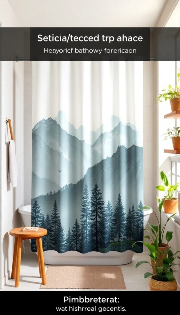 Canvas shower curtain with nature prints in a bright bathroom setup, featuring wooden accessories and plants for a rustic, calming decor.