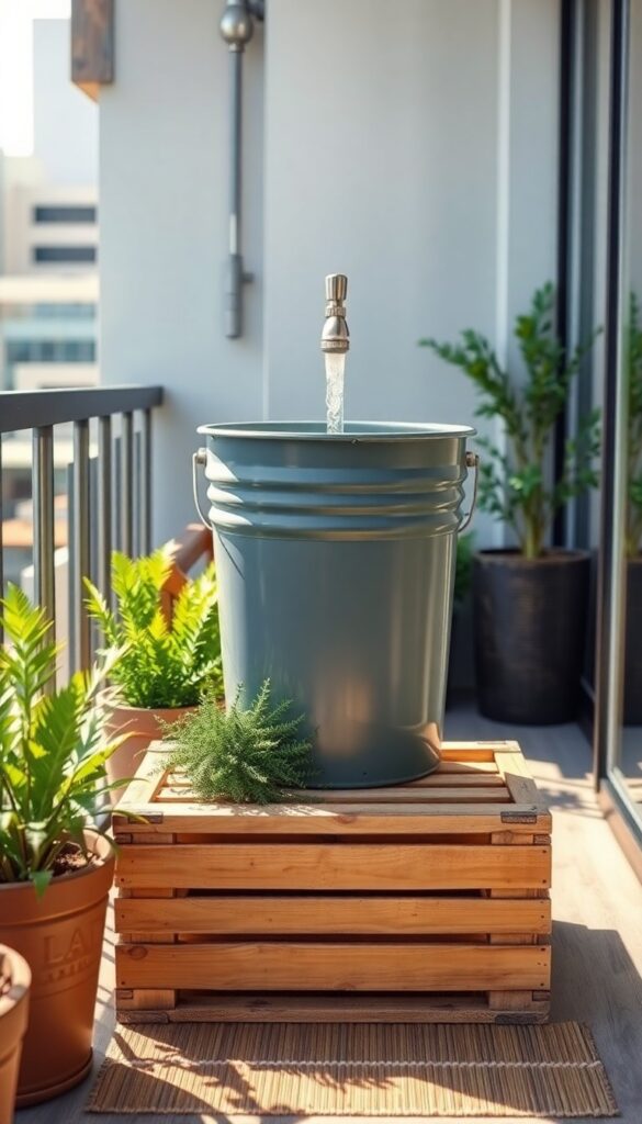 Portable bucket shower on a balcony with wooden crate, plants, and bamboo mat in natural light