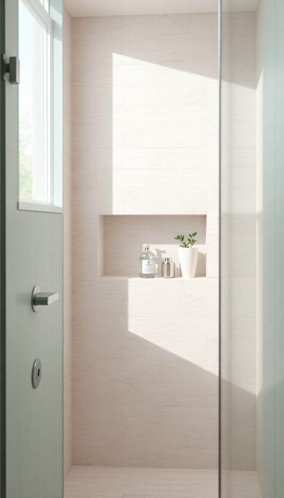A photorealistic image of a standing shower with built-in niches for storage, highlighting clean design and natural light in a bathroom setting.