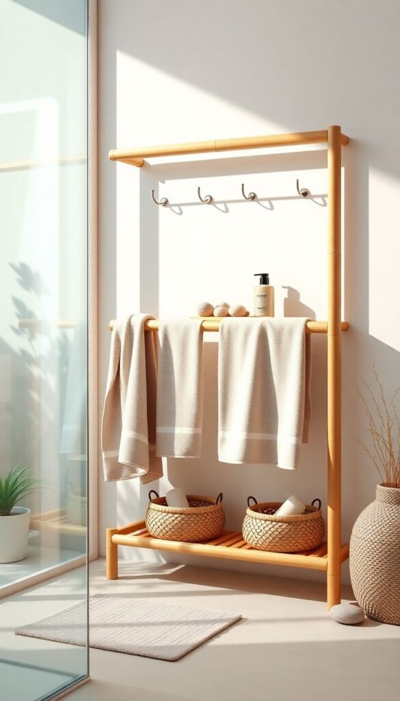 A bamboo towel rack with storage in a bright bathroom setting, featuring towels and baskets for organization.