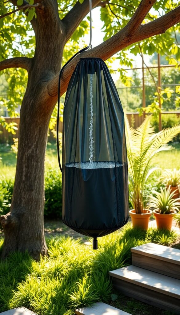 A solar-powered shower bag setup in a sunny garden, hanging from a tree branch with wooden steps below and potted plants nearby.