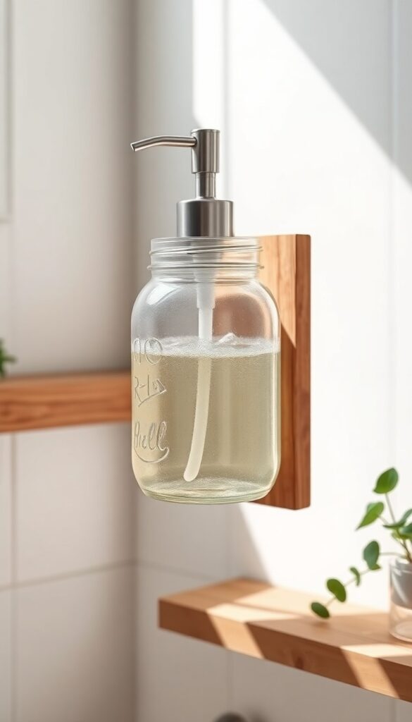 A rustic mason jar soap dispenser on a wooden holder in a bright bathroom or outdoor shower corner, showcasing DIY camping shower inspiration with natural textures and clean design.