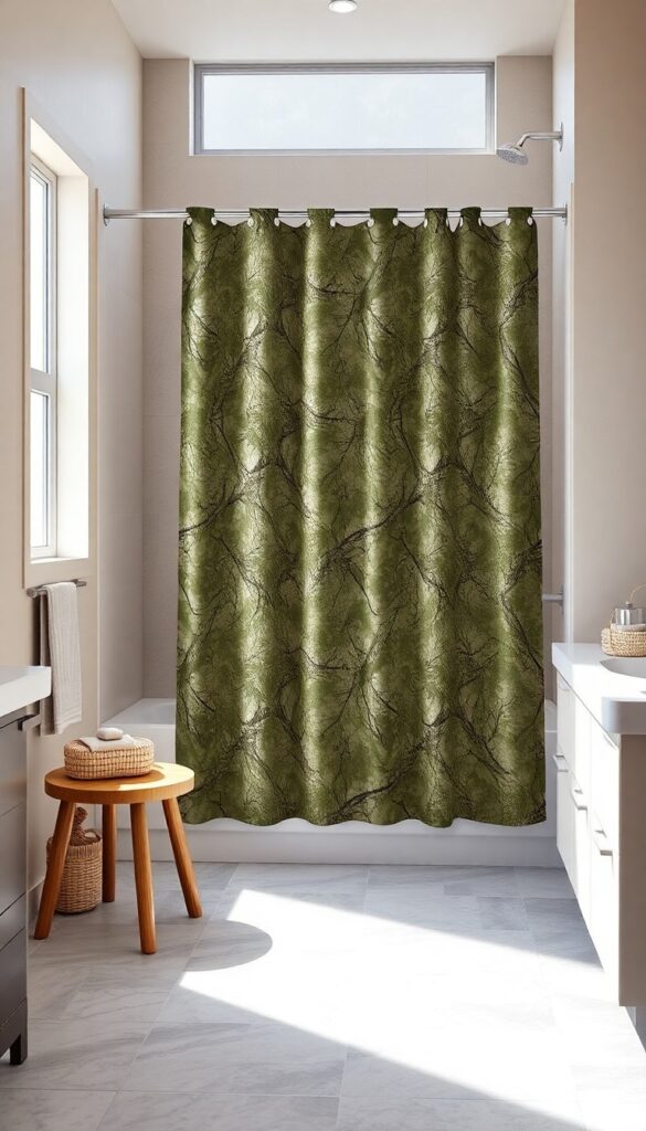 Camouflage-patterned shower liner in a bright bathroom with natural light, featuring neutral decor and wooden accents for an outdoorsy feel.