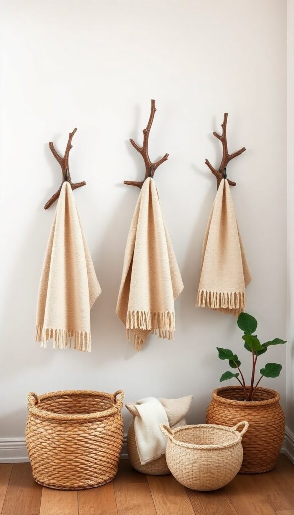 Close-up of tree branch towel hooks in a rustic bathroom with neutral towels and woven baskets under bright natural light.