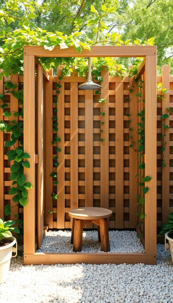 Outdoor shower enclosure with lush green plants growing on wooden lattice panels in a backyard setting