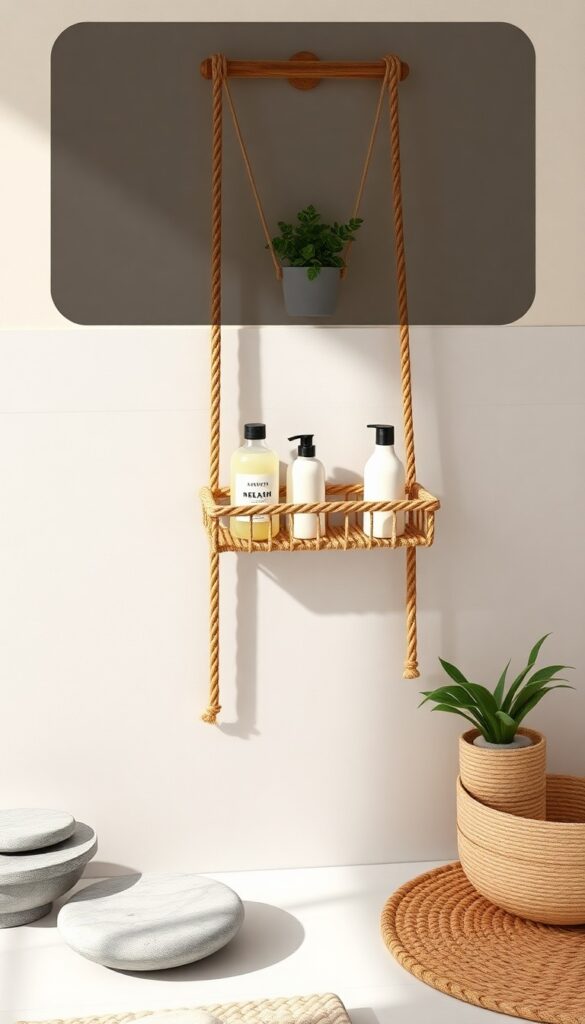 A rustic rope and wood shower caddy hanging in a bright bathroom, styled with natural elements like stone and plants for an outdoor-inspired decor.