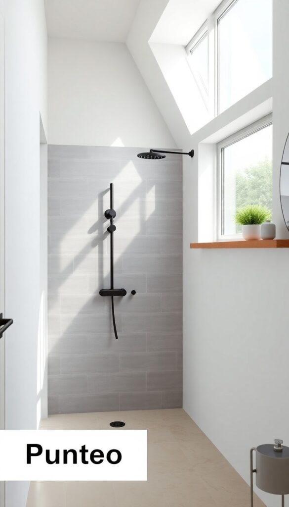 A modern bathroom with matte black shower fixtures against light gray tiles, showcasing a clean and sophisticated design with natural light and minimal decor.