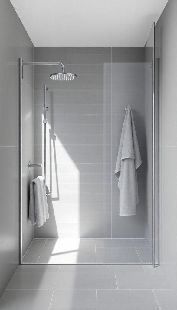 A serene standing shower bathroom with a monochromatic gray color scheme, showcasing clean design and natural light for a polished, uncomplicated look.