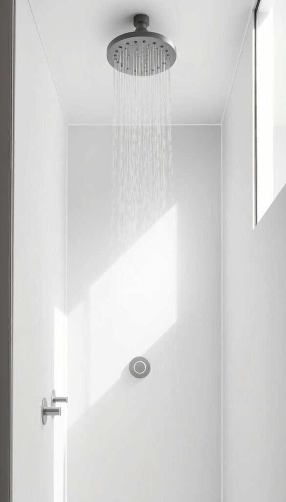 A modern standing shower with a rainfall showerhead providing a gentle spray in a clean, minimalist bathroom setting.