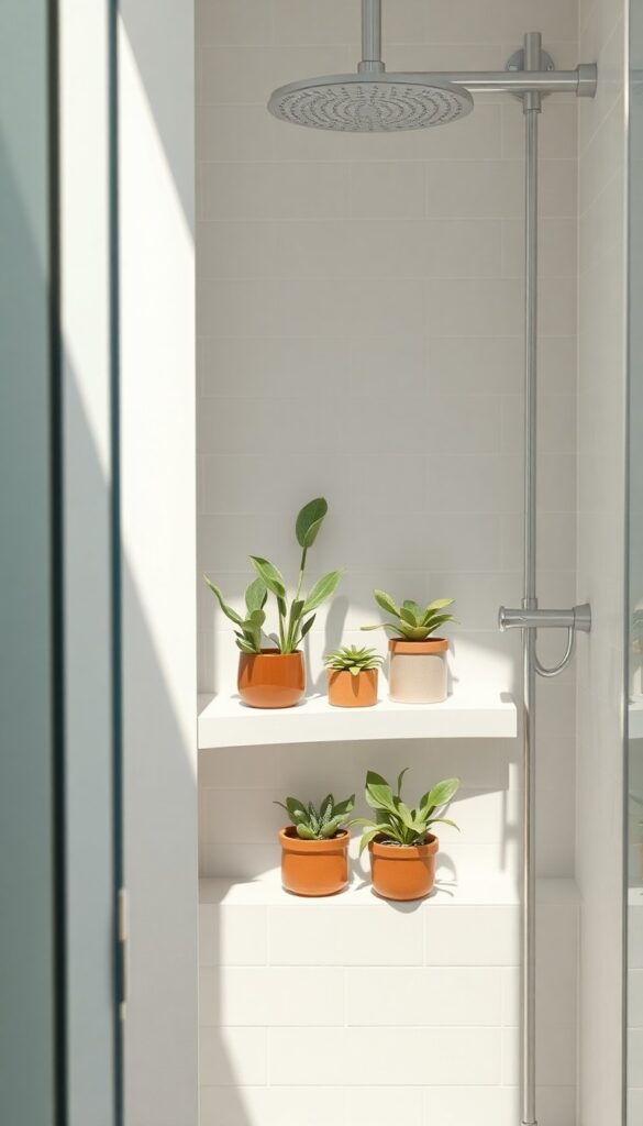 A standing shower bathroom with water-resistant plants on a shelf for a clean and natural look.
