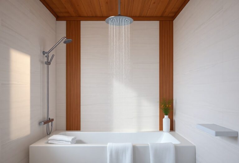 Modern bathroom with rainfall shower, wood accents, and cozy towels in a luxurious, spa-like setting.