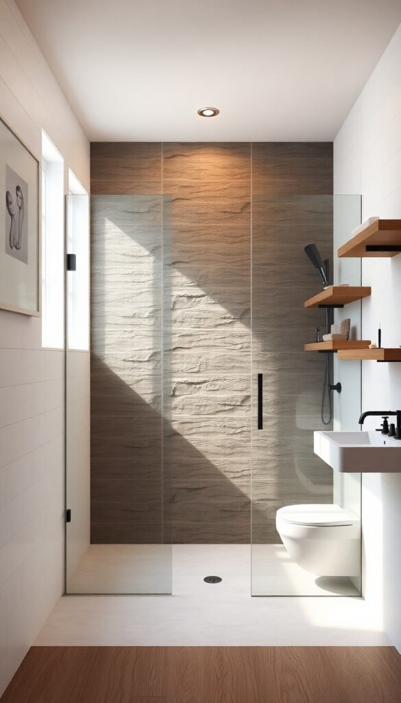 Photorealistic bathroom standing shower with slate tile wall for rustic charm, featuring natural light and clean design.