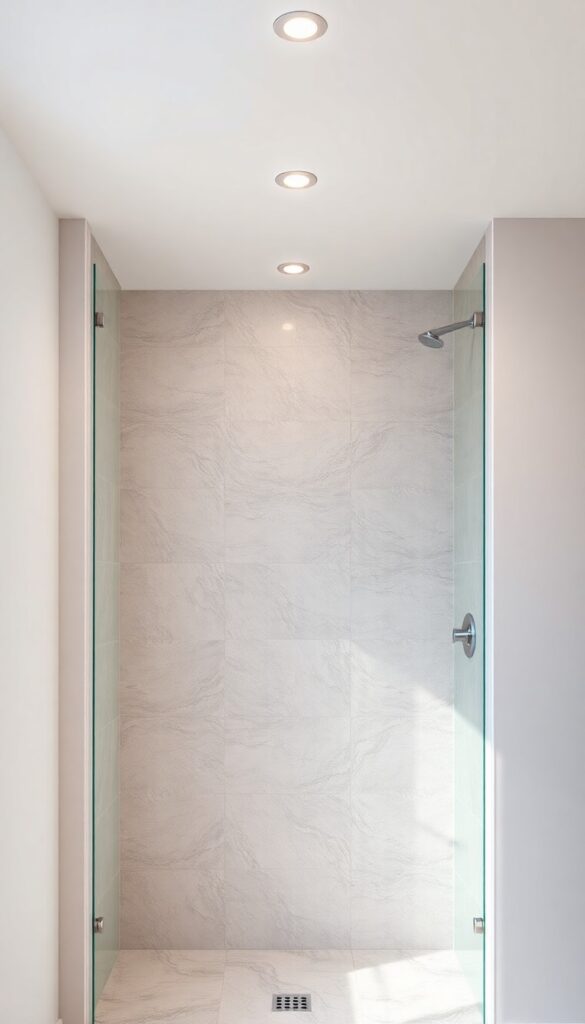 A standing shower bathroom with recessed LED lights in the ceiling illuminating modern tile textures in bright natural light.