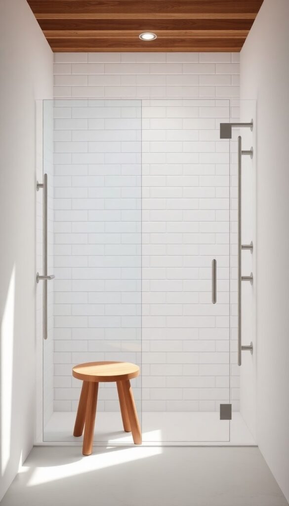 Minimalist standing shower bathroom with natural light, featuring a wooden stool and stainless steel towel hook in a clean, uncluttered design.