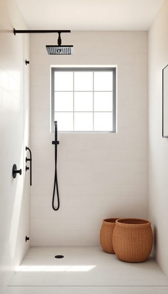 A modern bathroom with a walk-in curbless shower showcasing matte black fixtures against light tiles, creating a sleek and polished look with natural elements like wood and woven baskets.