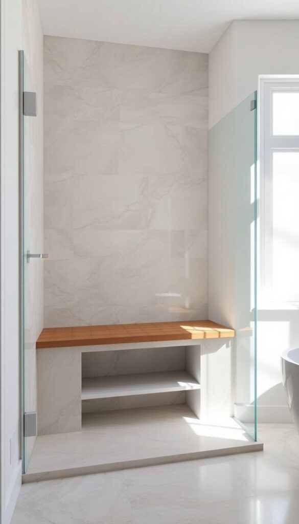 A built-in bench in a walk-in curbless shower for comfort and storage