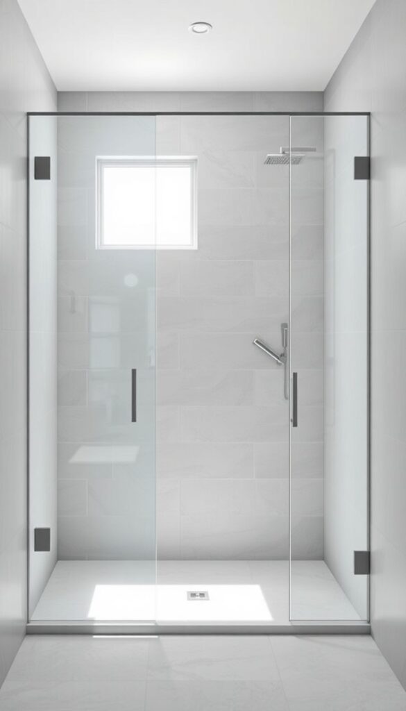 A modern walk-in curbless shower with large-format gray tiles and minimal grout lines, bathed in natural light for a seamless and stylish bathroom upgrade.