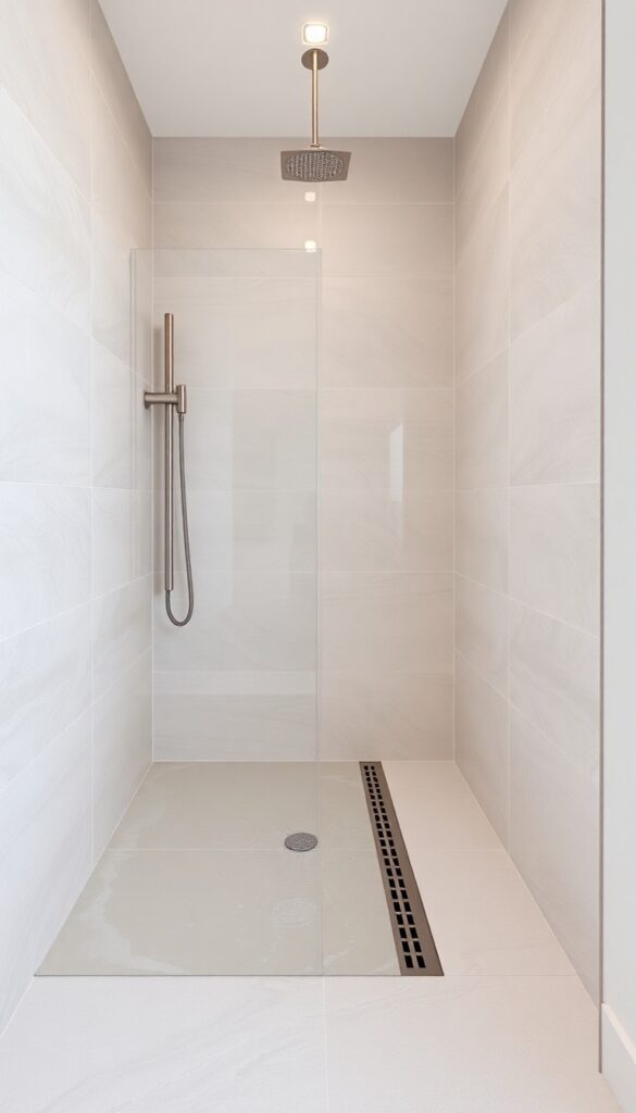 Modern curbless shower with linear drain and large-format tiles in bright natural light