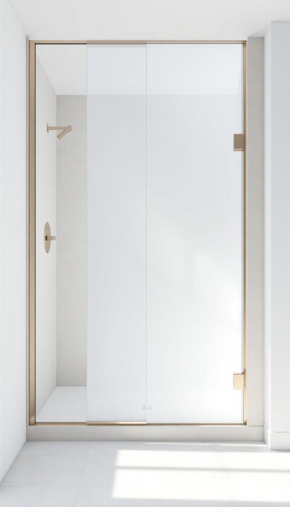 Modern bathroom with frosted glass panels in a walk-in curbless shower, showcasing privacy and natural light diffusion for an airy, minimalist look.