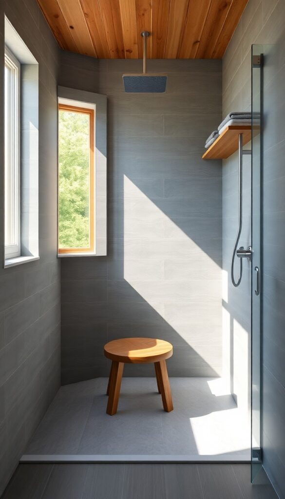 A walk-in curbless shower with warm wood accents like a teak stool and cedar shelving, set against cool gray tiles under bright natural light, showcasing a modern yet inviting bathroom design.