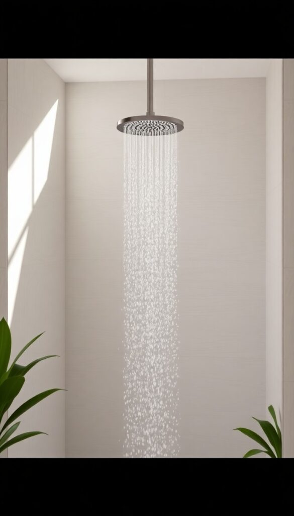 A rainfall showerhead in a curbless shower creating a spa-like atmosphere with gentle water flow and neutral decor.