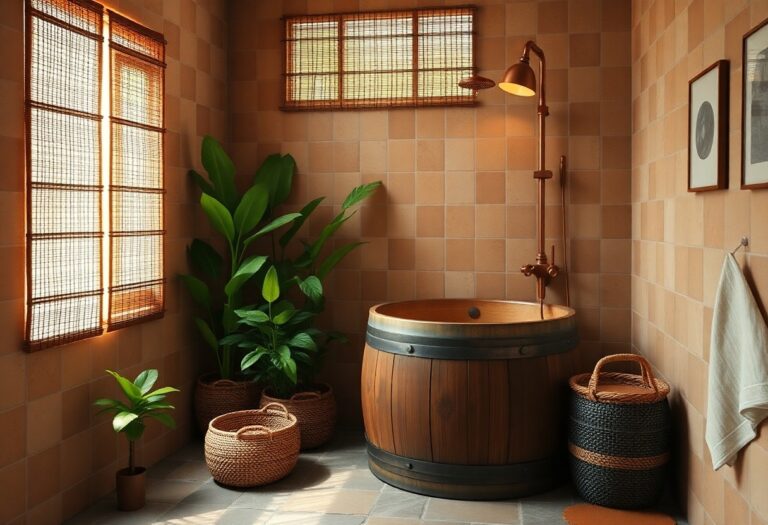 Rustic off-grid shower with terracotta tiles, wooden barrel, copper fixtures, bamboo screens, and plants in a cozy bathroom setting.