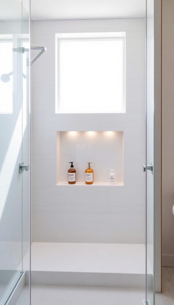 A modern walk-in curbless shower with integrated recessed niche shelving for organized storage, showcasing a sleek and clutter-free bathroom design in bright natural light.